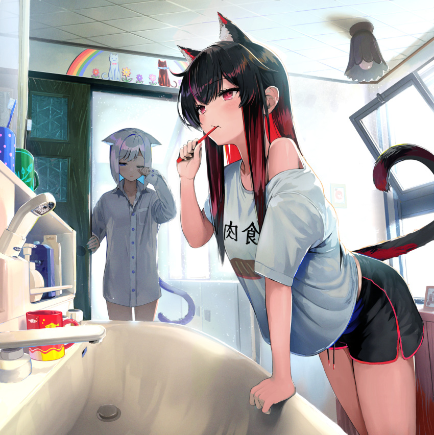 2girls animal_ear_fluff animal_ears bathroom black_hair black_shorts blue_eyes brushing_teeth cat_ears cat_girl cat_tail closed_mouth clothes_writing collarbone collared_shirt commentary_request cup day dolphin_shorts drawstring dress_shirt extra_ears faucet grey_hair hair_between_eyes half-closed_eye hand_up highres indoors leaning_forward long_hair mug multicolored_hair multiple_girls off_shoulder one_eye_closed open_window original pi_(p77777778) rainbow red_hair rubbing_eyes shirt short_sleeves shorts sink sunlight tail two-tone_hair very_long_hair white_shirt window