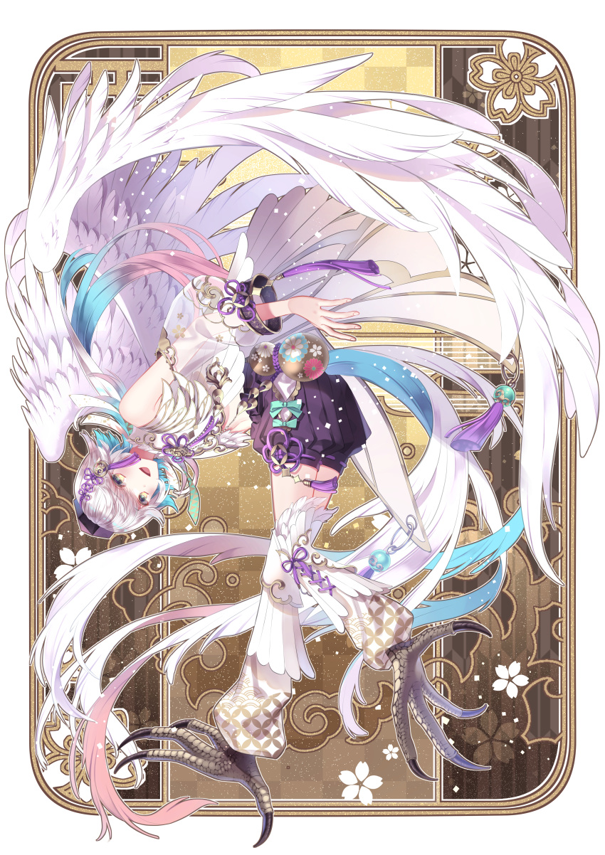 1girl :d absurdres araragi_soushi bent_over blue_hair brown_background colored_inner_hair feathered_wings full_body gourd harpy highres monster_girl multicolored_hair original see-through see-through_sleeves smile solo standing talons tassel white_hair white_wings wings yellow_eyes