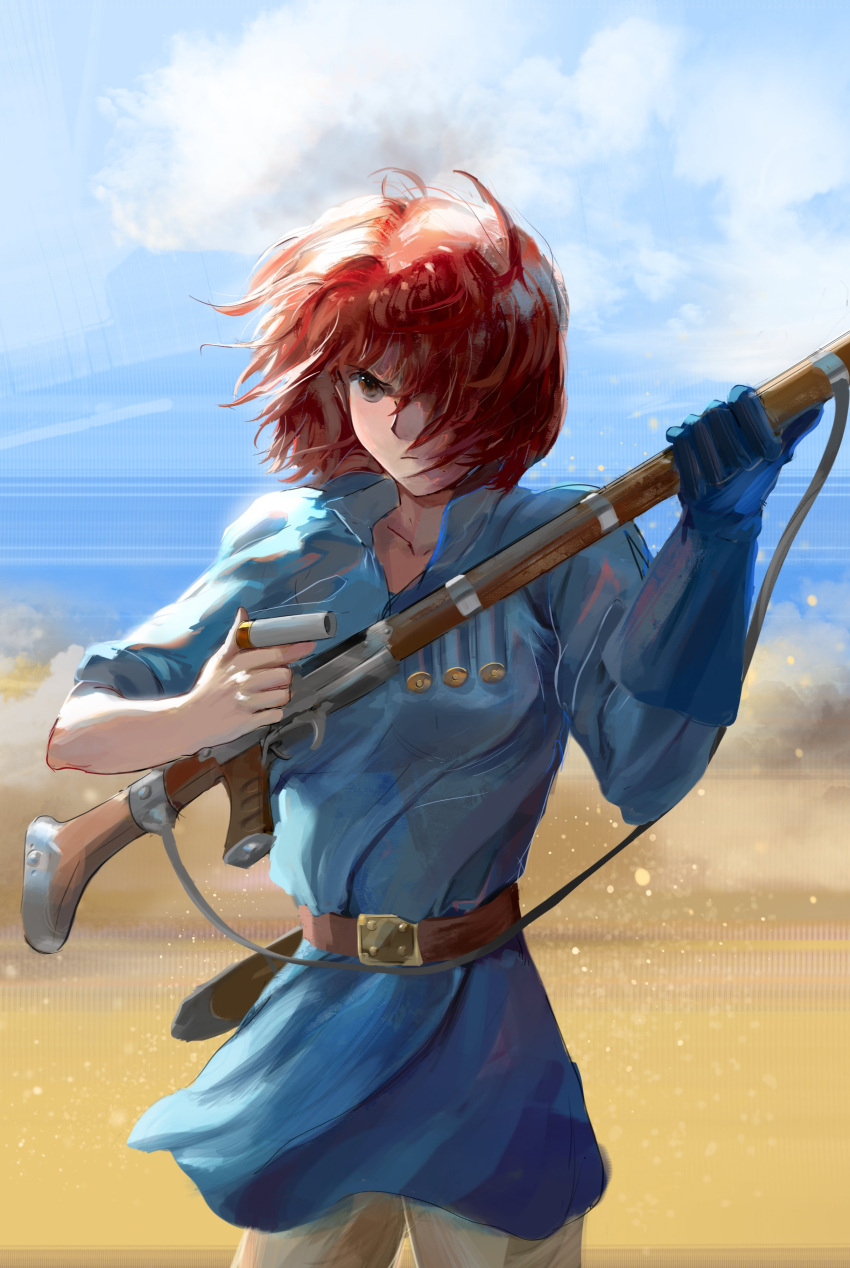 1girl absurdres angry belt belt_buckle blue_gloves blue_sky blue_tunic bob_cut breasts brown_belt brown_eyes brown_pants buckle closed_mouth cloud collarbone commentary cowboy_shot day field gloves gun hair_over_one_eye highres holding holding_gun holding_weapon kaze_no_tani_no_nausicaa light_frown looking_afar loose_hair_strand medium_breasts messy_hair nausicaa outdoors pants red_hair seventbs short_hair shotgun shotgun_shell single_glove sky solo standing v-shaped_eyebrows weapon wind