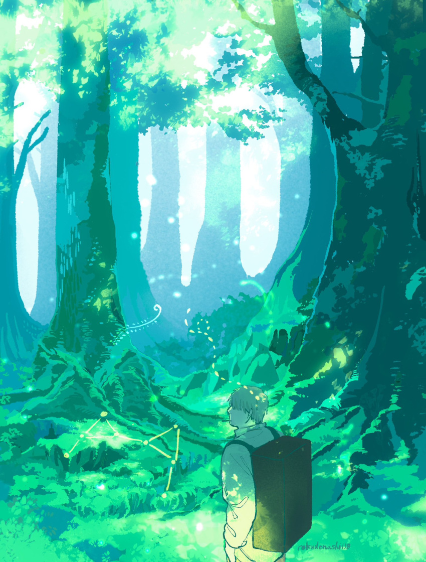 1boy backpack bag cigarette collared_shirt dappled_sunlight from_behind from_side ginko green_theme hair_over_one_eye highres long_sleeves mushi_(mushishi) mushishi outdoors rokudenaru scenery shirt short_hair signature smoking solo sunlight tree upper_body white_hair white_shirt