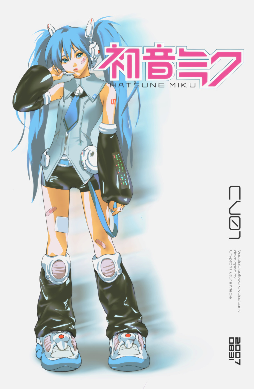 1990s_(style) 1girl absurdres aqua_eyes aqua_hair aqua_nails aqua_necktie bare_shoulders black_sleeves detached_sleeves hatsune_miku headphones headset highres long_hair looking_at_viewer miigoring necktie number_tattoo retro_artstyle science_fiction skirt solo tattoo thighhighs twintails very_long_hair vocaloid