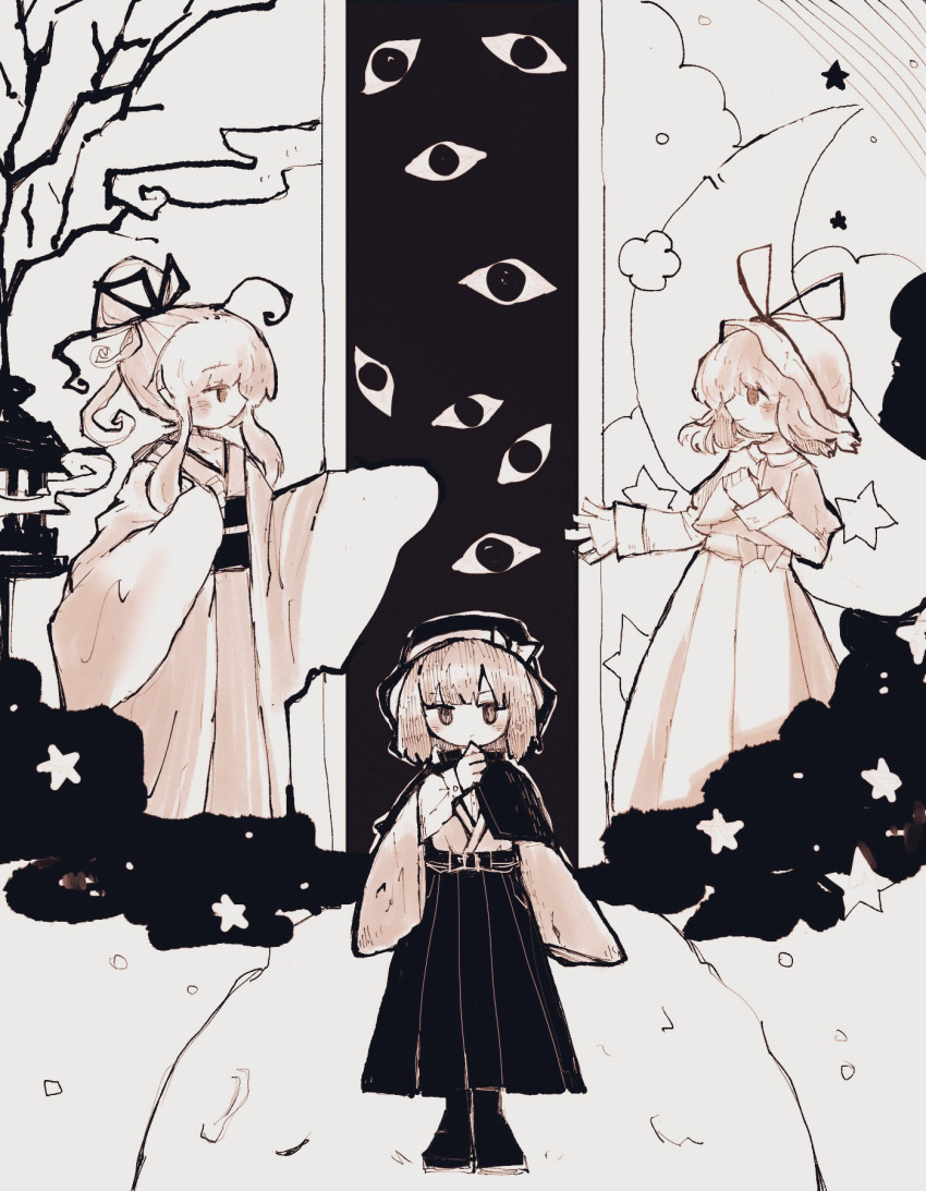 3girls black_capelet bow branch brown_hair capelet crescent door dress fedora gas grey_hair hair_ornament hair_stick hand_on_own_face hat hat_bow hat_ribbon highres incense incense_burner japanese_clothes limited_palette maribel_hearn mob_cap mokumoku22 mononobe_no_futo moon multiple_girls necktie ponytail purple_dress ribbon ribbon-trimmed_capelet ribbon-trimmed_skirt ribbon_trim star_(symbol) touhou usami_renko white_bow wide_sleeves