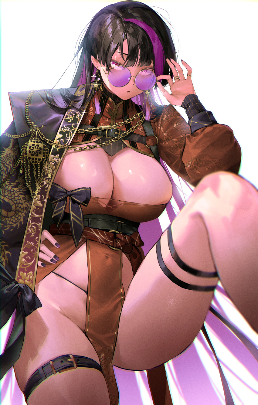 1girl absurdres adjusting_eyewear belt black_belt black_jacket breasts brown_dress chain chest_belt chest_harness chinese_clothes cleavage cleavage_cutout clothing_cutout colored_inner_hair covered_navel dragon_print dress earrings gold_chain hanfu harness highres jacket jewelry kuroi_suna large_breasts leg_up long_hair long_sleeves looking_at_viewer multicolored_hair original panties pelvic_curtain purple-tinted_eyewear purple_eyes purple_hair purple_lips purple_nails revealing_clothes ring round_eyewear scoop_neck see-through see-through_cleavage simple_background skindentation solo streaked_hair string_panties sunglasses tassel tassel_earrings thigh_belt thigh_strap tinted_eyewear underwear very_long_hair white_background