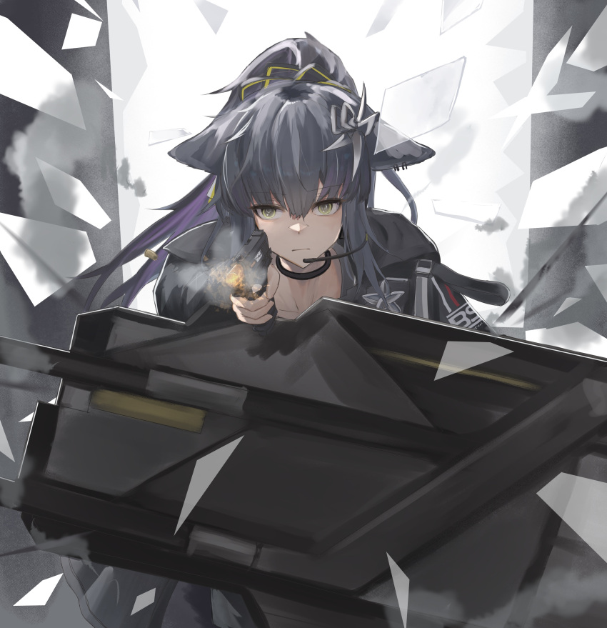 1girl absurdres animal_ears arknights black_choker black_hair black_jacket cat_ears choker closed_mouth ears_down firing gun hair_between_eyes headset hetare_galm_sue highres holding holding_gun holding_weapon jacket jessica_(arknights) long_hair looking_at_viewer multicolored_hair ponytail purple_hair shield solo two-tone_hair very_long_hair weapon