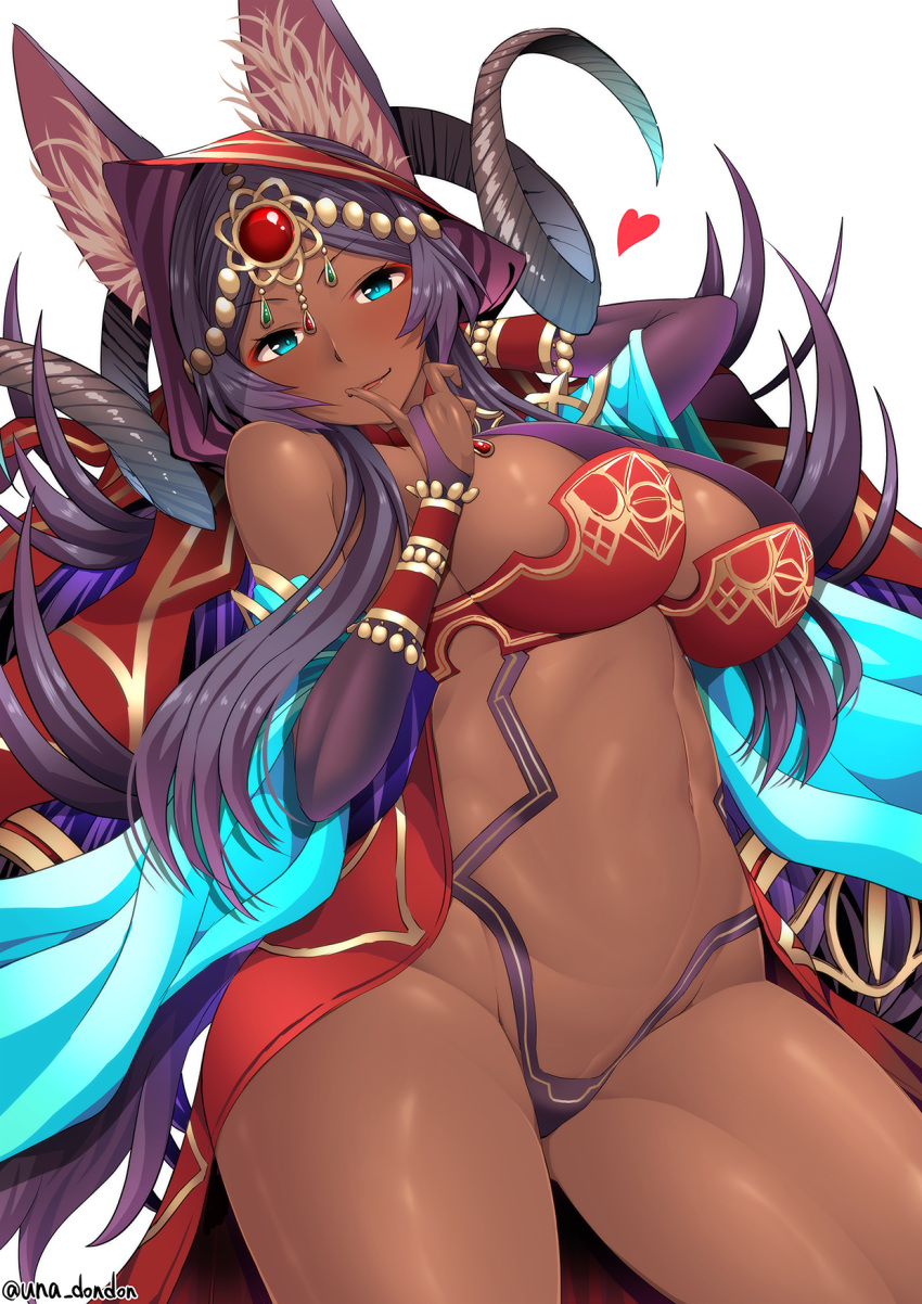 1girl animal_ears aqua_eyes bare_shoulders black_panties blush breasts bridal_gauntlets circlet cleavage cloak curled_horns dark-skinned_female dark_skin detached_sleeves fate/grand_order fate_(series) forehead_jewel halterneck highres hood hooded_cloak horns jackal_ears large_breasts long_hair looking_at_viewer navel open_mouth panties parted_bangs purple_hair queen_of_sheba_(fate) red_cloak smile solo thighs unadon underwear