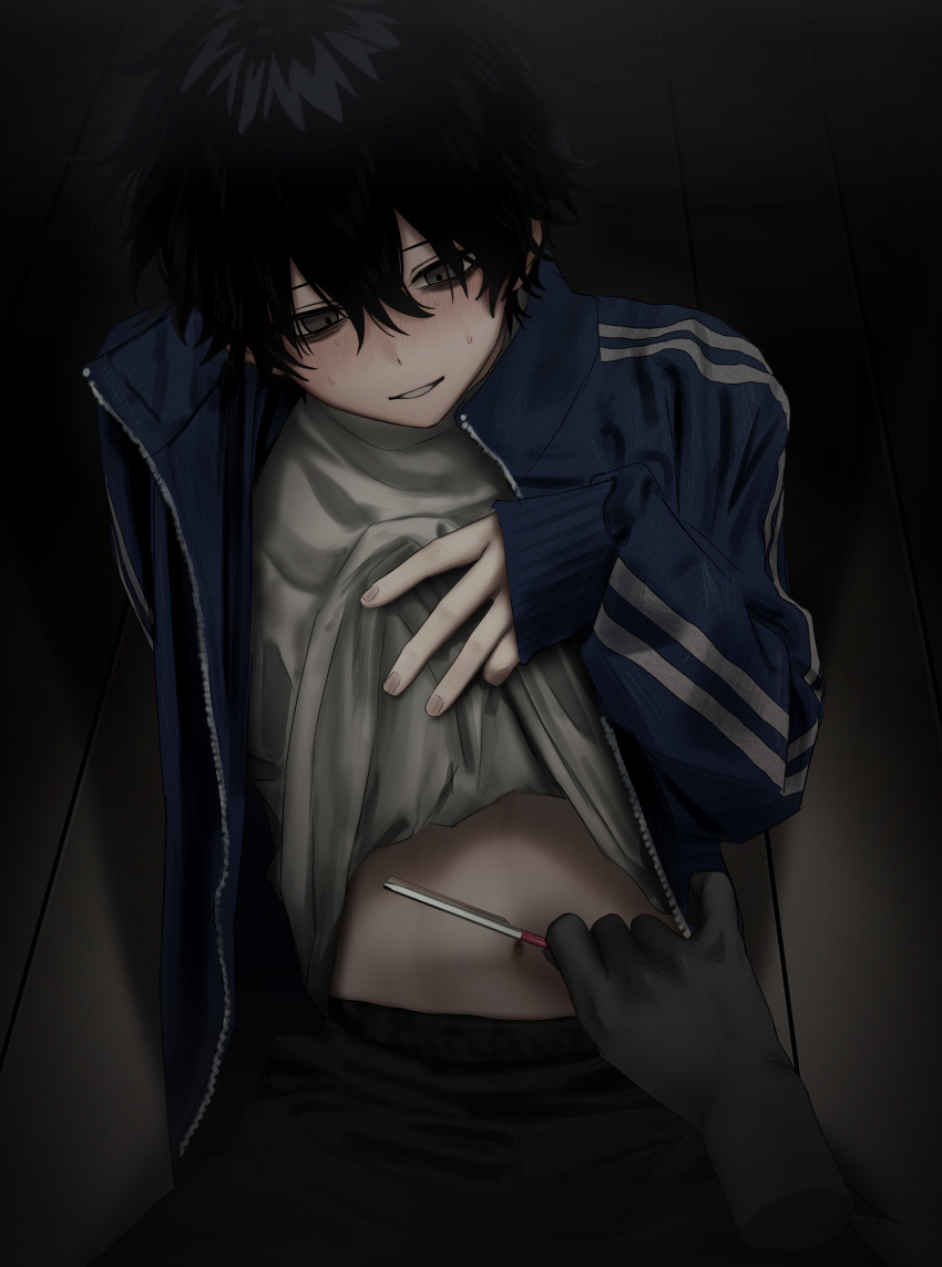 1boy absurdres bags_under_eyes black_hair black_pants blue_jacket blush clothes_lift disembodied_limb grey_eyes hair_between_eyes highres holding holding_knife imai_akira jacket knife lifted_by_self long_sleeves male_focus on_floor open_clothes open_jacket original pants shirt shirt_lift sitting solo sweat track_jacket