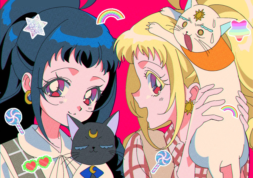 2girls :3 :d anchiki_shou animal bad_id bad_twitter_id bishoujo_senshi_sailor_moon black_cat blonde_hair blue_hair candy cat closed_eyes closed_mouth constricted_pupils crescent earrings facial_mark food forehead_mark highres holding holding_animal holding_cat jewelry kagayaki_alice kagayaki_eve kiratto_pri_chan lollipop long_hair looking_at_viewer luluna_(pri_chan) multiple_girls open_mouth parody pink_background pretty_series profile rainbow red_eyes retro_artstyle siblings sisters smile solulu style_parody swirl_lollipop twins upper_body white_cat