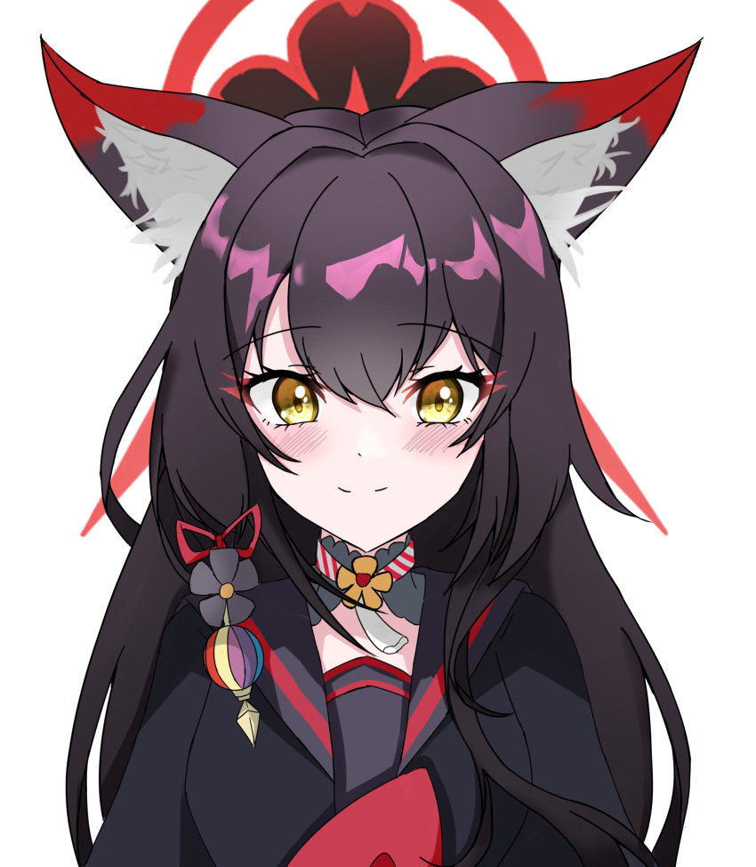 1girl animal_ear_fluff animal_ears black_hair black_kimono blue_archive blush breasts eyeshadow flower fox_ears fox_girl hair_between_eyes halo highres japanese_clothes kimono large_breasts light_smile long_hair looking_at_viewer makeup pin04 red_eyeshadow red_halo simple_background smile solo upper_body very_long_hair wakamo_(blue_archive) white_background yellow_eyes