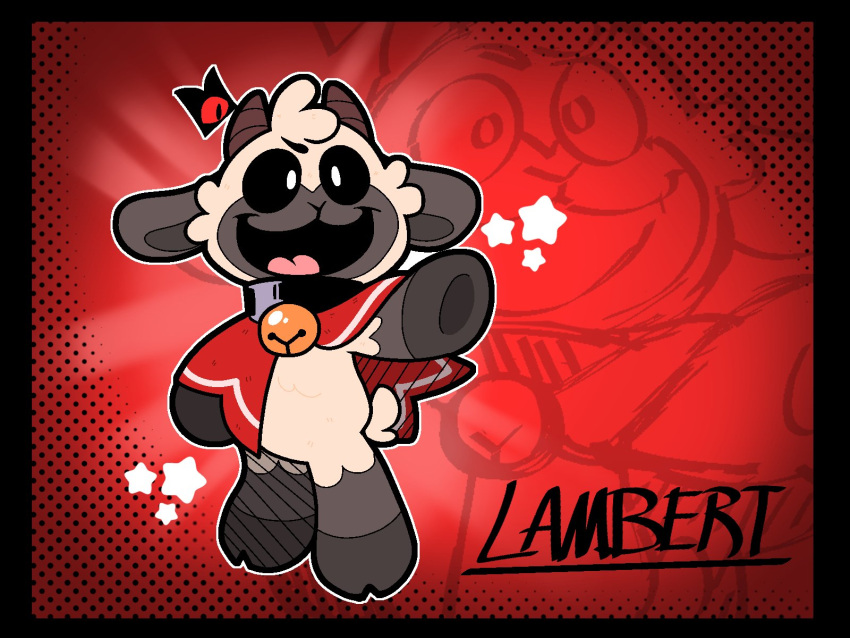 ambiguous_gender anthro asleepymystery bell bovid cape caprine clothed clothing crossover cult_of_the_lamb english_text fluffy happy hi_res horn lamb_(cult_of_the_lamb) mammal massive_monster_(studio) partially_clothed poppy_playtime red_crown_(cult_of_the_lamb) sheep smile smiling_critters solo standing text