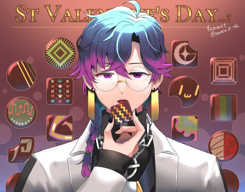 1boy beatmania_iidx black_nails black_shirt blue_hair braid braided_ponytail brown_background chain_necklace chocolate coat commentary_request dr._phi eating fingernails food glasses gradient_hair hair_between_eyes hair_over_shoulder half-closed_eyes highres holding holding_food jewelry lab_coat long_bangs long_hair long_sleeves looking_at_viewer male_focus mitarashi_tsukune multicolored_hair necklace open_mouth parted_bangs pink_hair purple_eyes rimless_eyewear round_eyewear shirt single_braid solo tongue tongue_out twitter_username upper_body white_coat