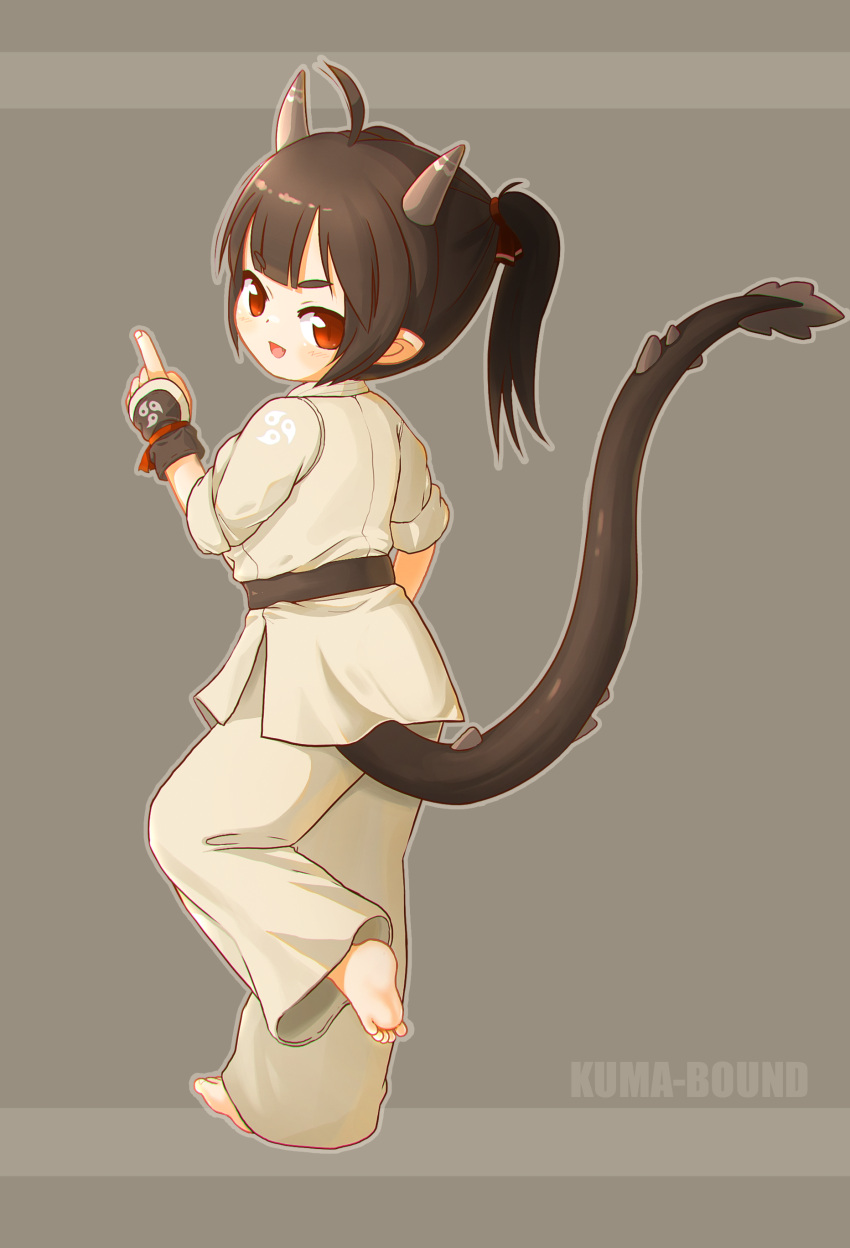 1girl absurdres ahoge artist_name barefoot black_hair chinese_commentary commentary_request dougi dragon_girl dragon_tail fang full_body grey_background high_ponytail highres horns kuma-bound medium_hair open_mouth original pants red_eyes simple_background smile soles solo standing standing_on_one_leg tail toes white_pants