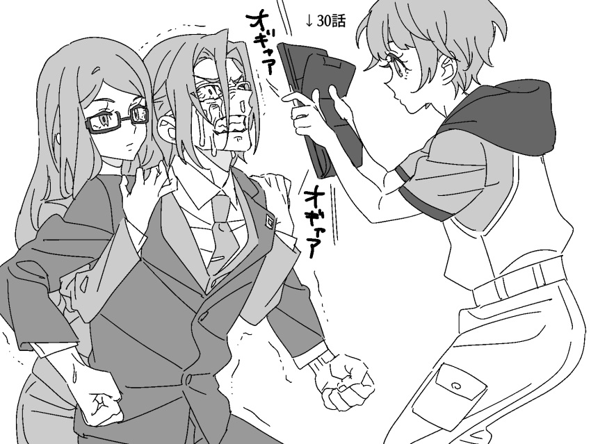 1boy 2girls akai_meganee anchiki_shou angry arrow_(symbol) bad_id bad_twitter_id blazer brother_and_sister clenched_teeth closed_mouth collared_shirt constricted_pupils crying crying_with_eyes_open expressionless glasses greyscale hands_up highres holding holding_tablet_pc hood hoodie jacket long_hair long_sleeves monochrome multiple_girls necktie omega_auru omega_inoru overalls pretty_series profile restrained shirt short_hair siblings standing streaming_tears tablet_pc tears teeth translation_request trembling waccha_primagi!