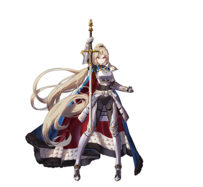 1girl absurdly_long_hair ark_order armor armored_boots belt blue_cape blue_eyes bodystocking boots breastplate breasts cape expressionless full_body fur-trimmed_cape fur_trim gauntlets gold gold_trim grey_belt grey_footwear high_ponytail highres holding holding_sword holding_weapon king_arthur_(ark_order) large_breasts long_hair looking_at_viewer multi-tied_hair official_art pauldrons red_cape shoulder_armor solo standing sword tachi-e thigh_boots thigh_strap thighhighs transparent_background very_long_hair weapon you_ni_ge_shaobing