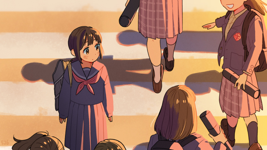 backpack bag black_socks blue_jacket blue_serafuku blue_skirt blush brown_eyes brown_hair closed_mouth collared_shirt commentary_request crosswalk dusk graduation highres holding jacket kojiro337 long_hair long_sleeves looking_at_another multiple_girls neckerchief original ponytail red_neckerchief school_uniform serafuku shadow shirt skirt socks solo_focus standing tube uniform walking