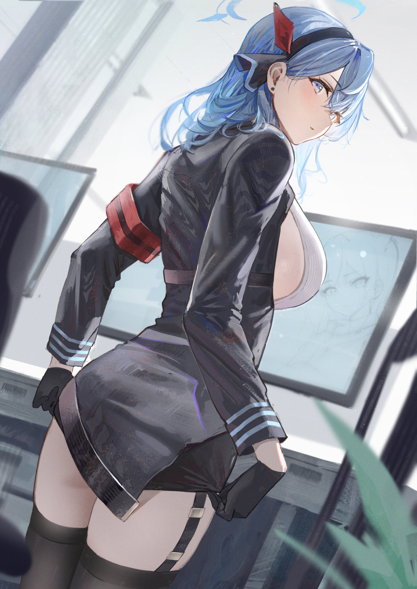 1girl absurdres ako_(blue_archive) black_gloves blue_archive blue_eyes blue_hair blue_halo blush breasts gloves hair_between_eyes hairband halo hidulume highres large_breasts looking_at_viewer looking_back screen sideboob sideless_shirt solo thighhighs