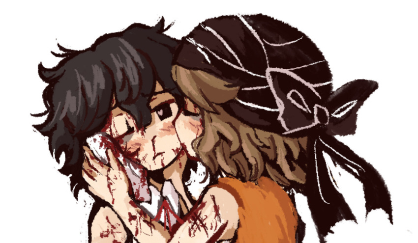 2others androgynous black_eyes black_hair black_turban blood blood_on_arm blood_on_face blood_on_hands brown_hair cine_hamal collared_shirt commentary cuts enraku_tsubakura gzpxllztt heart heart_in_eye injury kiss kissing_cheek kuzu_suzumi len'en messy_hair multiple_others nosebleed one_eye_closed orange_shirt other_focus shirt short_hair simple_background sketch sleeveless sleeveless_shirt symbol_in_eye turban white_background white_shirt