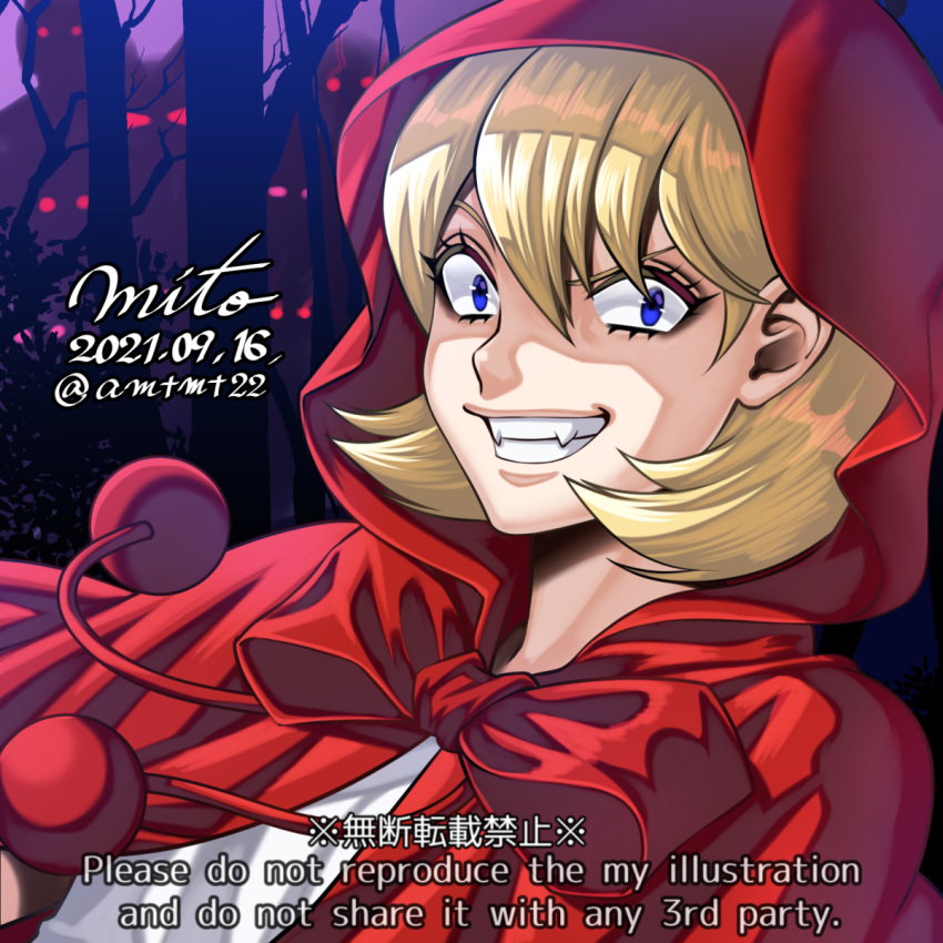 1girl blonde_hair blue_eyes bulleta cloak commentary crazy_eyes crazy_grin crazy_smile dated english_text engrish_text fangs glowing glowing_eyes grin highres medium_hair mito_amatsu portrait ranguage red_cloak red_hood signature smile tree twitter_username vampire_(game) watermark