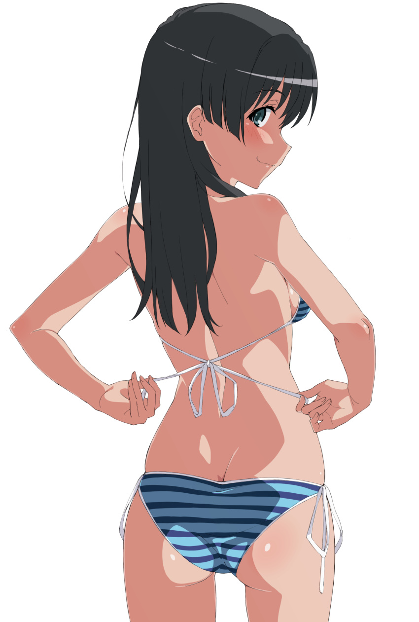 1girl ass bikini black_hair blue_bikini blue_eyes closed_mouth commentary from_behind halterneck highres long_hair looking_at_viewer looking_back revision saten_ruiko shiny_skin shou937 side-tie_bikini_bottom smile solo string_bikini swimsuit toaru_kagaku_no_railgun toaru_majutsu_no_index white_background