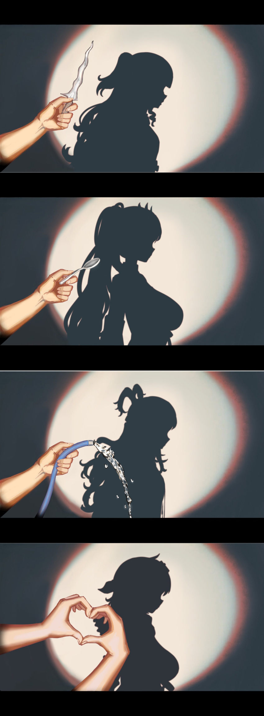 4girls absurdres anya_melfissa as4gi bandana breasts commentary dagger different_shadow english_commentary eyewear_on_head feather_hair_ornament feathers from_side hair_ornament heart heart_hands highres holding holding_dagger holding_hose holding_knife holding_spoon holding_weapon hololive hololive_indonesia hololive_shadow_puppet_(meme) hose jacket kaela_kovalskia knife kobo_kanaeru large_breasts letterboxed long_hair medium_hair meme multiple_girls pavolia_reine ponytail pov pov_hands profile see-through see-through_jacket shadow shadow_puppet silhouette small_breasts splashing spoon spotlight two_side_up very_long_hair virtual_youtuber water weapon