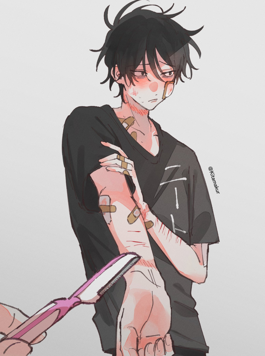 1boy bags_under_eyes bandage_on_face bandaged_arm bandages bandaid bandaid_on_arm bandaid_on_chest bandaid_on_hand black_hair black_shirt blush bruise bruise_on_neck collarbone cropped_torso hair_between_eyes highres holding_razor injury kitamakur light_blush looking_to_the_side male_focus messy_hair original razor_blade shirt short_hair simple_background twitter_username unsure very_short_hair watermark white_background wrist_cutting