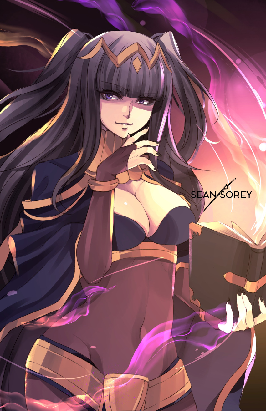 1girl absurdres artist_name black_hair blunt_bangs bodystocking book bracelet breasts circlet cleavage covered_navel fire_emblem fire_emblem_awakening highres holding holding_book jewelry large_breasts long_hair medium_breasts purple_eyes sean_sorey solo tharja_(fire_emblem) tiara two-tone_cape