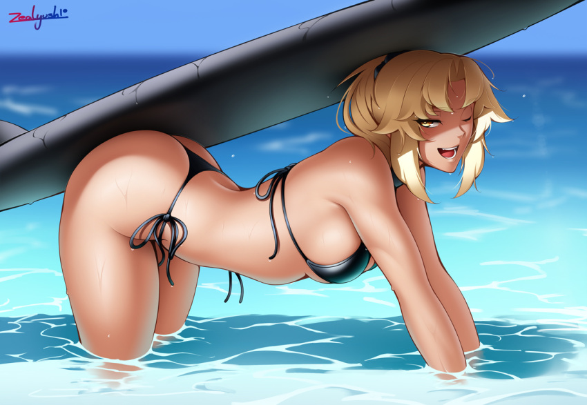 1girl all_fours arched_back artoria_pendragon_(fate) ass bikini black_bikini black_scrunchie blonde_hair breasts fate/grand_order fate_(series) holding holding_surfboard looking_at_viewer ocean one_eye_closed panties partially_submerged ponytail saber_alter scrunchie side-tie_panties sky smile solo surfboard swimsuit tan underwear water yellow_eyes zealyush