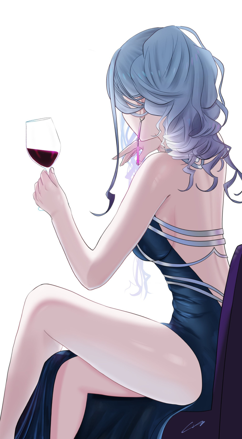 1girl absurdres ak-12_(girls'_frontline) ak-12_(quiet_azure)_(girls'_frontline) alcohol backless_dress backless_outfit black_dress breasts crossed_legs cup dress drinking_glass earrings gincho girls'_frontline grey_hair hand_on_own_chin highres holding holding_cup jewelry long_hair official_alternate_costume sideboob simple_background sitting solo white_background wine wine_glass