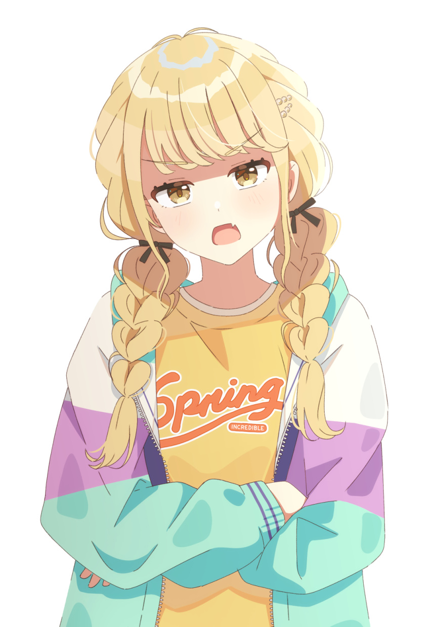 1girl angry black_ribbon blonde_hair braid commentary_request crossed_arms fang fujita_kotone gakuen_idolmaster hair_ribbon highres idolmaster jacket light_blush long_hair long_sleeves looking_at_viewer multicolored_clothes multicolored_jacket open_clothes open_jacket open_mouth print_shirt ribbon shirt sidelocks skin_fang solo surisuririsu twin_braids upper_body v-shaped_eyebrows white_background yellow_eyes yellow_shirt zipper