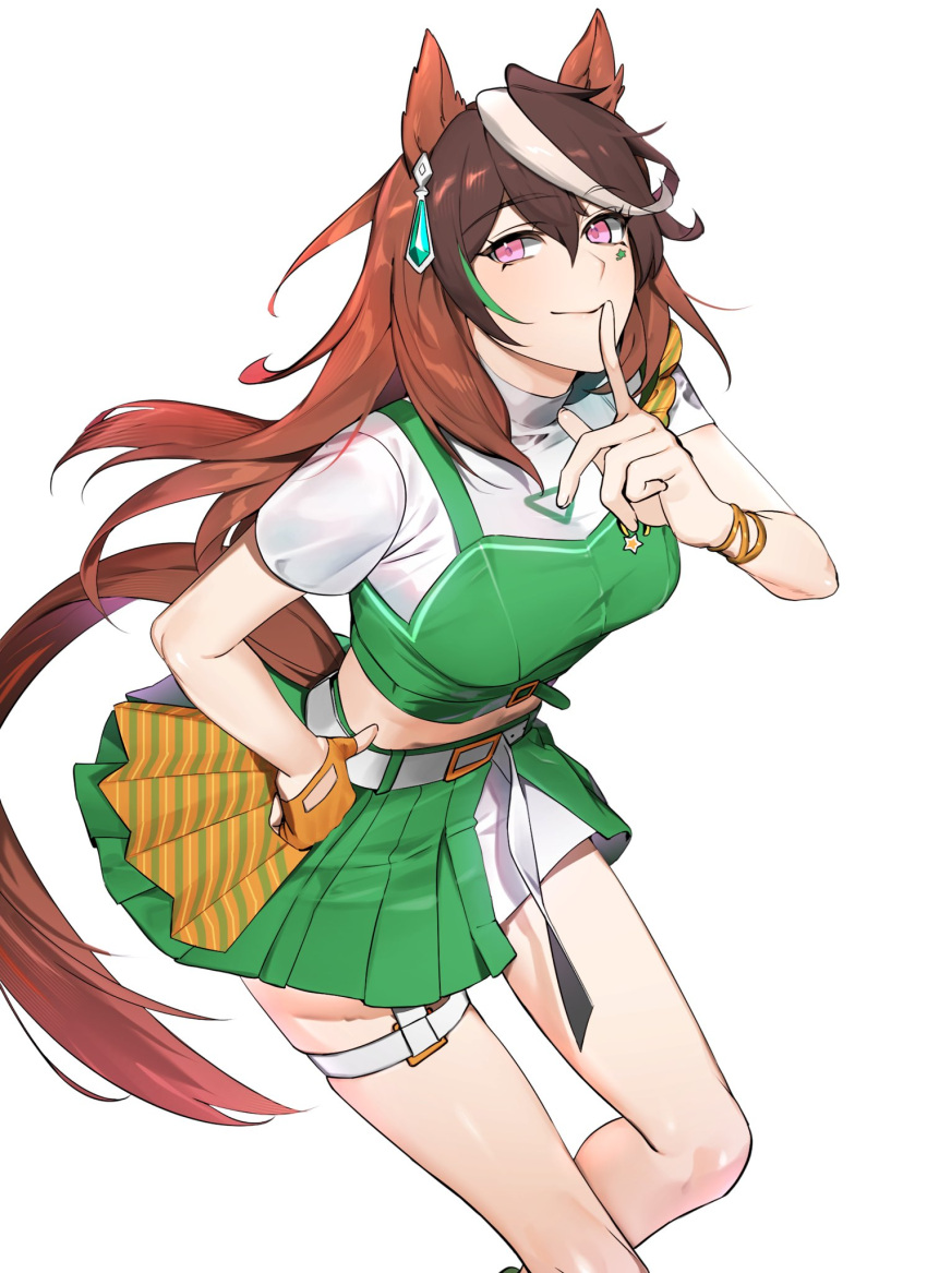 1girl animal_ears belt bracelet breasts brown_hair closed_mouth crop_top earrings feet_out_of_frame fingerless_gloves gloves green_skirt green_vest hand_on_own_hip highres horse_ears horse_girl horse_tail index_finger_raised jewelry long_hair looking_at_viewer midriff multicolored_hair orange_gloves pink_eyes shirt short_sleeves simple_background single_earring single_glove skirt small_breasts smile solo sticker_on_face streaked_hair symboli_rudolf_(umamusume) tail thigh_strap ukka_(0ukka_) umamusume umayuru vest white_background white_shirt