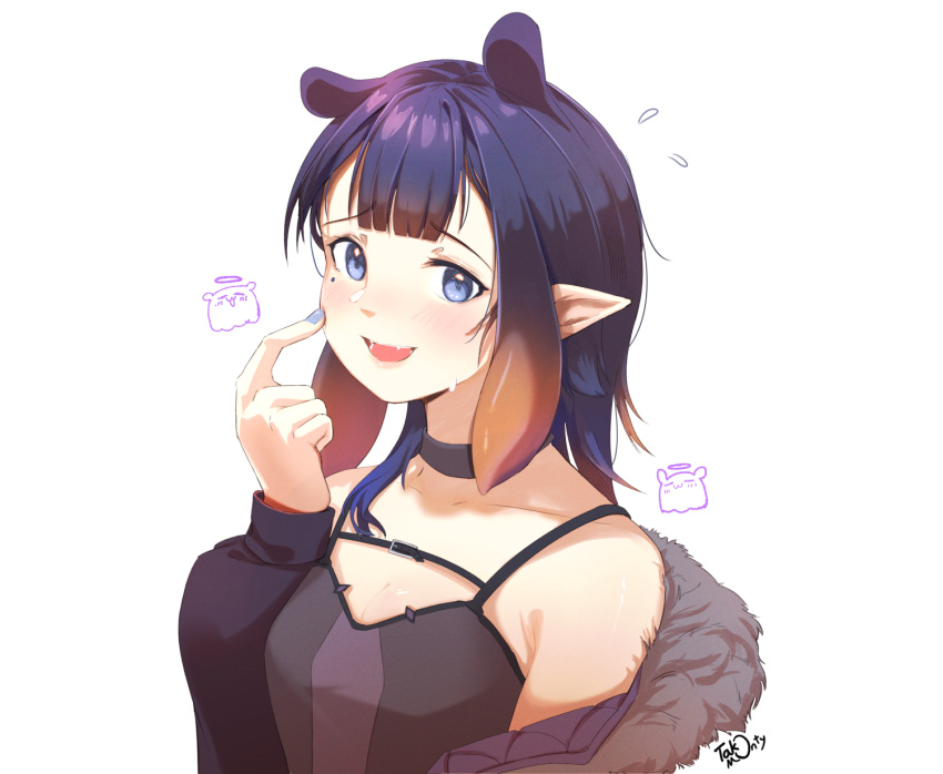 1girl animal_ears bare_shoulders black_choker black_coat black_dress black_hair blue_eyes blunt_bangs blush breasts center-flap_bangs chest_belt choker cleavage coat cosplay dress embarrassed english_commentary flying_sweatdrops fur-trimmed_coat fur_trim gradient_hair highres hololive hololive_english looking_at_viewer mixed-language_commentary mole mole_under_eye multicolored_hair nervous_sweating ninomae_ina'nis off_shoulder open_mouth orange_hair pointy_ears scratching_cheek shiori_novella shiori_novella_(1st_costume) shiori_novella_(cosplay) sidelocks signature simple_background sleeveless sleeveless_dress small_breasts solo sweat takodachi_(ninomae_ina'nis) takomonty tentacle_hair upper_body virtual_youtuber white_background
