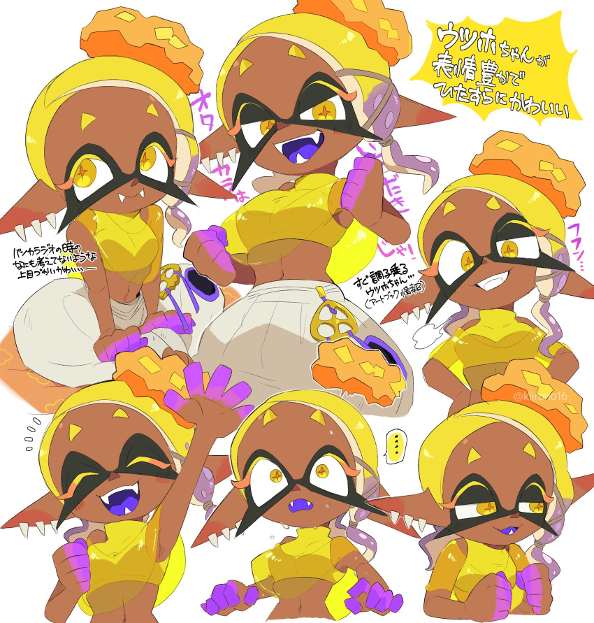 1girl blonde_hair colored_eyelashes colored_tongue crop_top dark-skinned_female dark_skin ear_piercing fangs frye_(splatoon) harem_pants highres jewelry kiirono midriff multicolored_hair multiple_views pants piercing pointy_ears purple_tongue shawl short_eyebrows splatoon_(series) splatoon_3 tentacle_hair yellow_eyes yellow_shawl