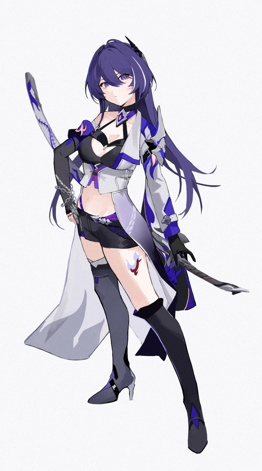1girl absurdres acheron_(honkai:_star_rail) black_choker black_footwear black_gloves boots choker coat commentary elbow_gloves full_body gloves grey_background halterneck high_heel_boots high_heels highres honkai:_star_rail honkai_(series) katana leg_tattoo long_hair looking_at_viewer midriff multicolored_hair navel purple_eyes purple_hair s_4ik4 scabbard sheath sheathed simple_background single_bare_shoulder solo standing stomach streaked_hair sword tattoo thigh_boots very_long_hair weapon white_coat white_hair