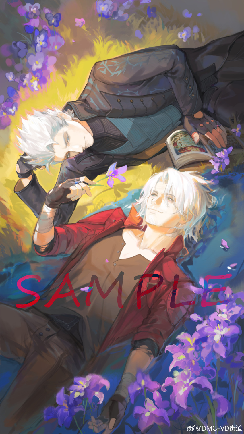 2boys absurdres black_gloves blue_eyes brothers coat cumcmn dante_(devil_may_cry) devil_may_cry_(series) devil_may_cry_5 fingerless_gloves flower gloves hair_slicked_back highres holding long_hair male_focus multiple_boys red_coat siblings smile too_many_flowers twins vergil_(devil_may_cry) violet_(flower) white_hair