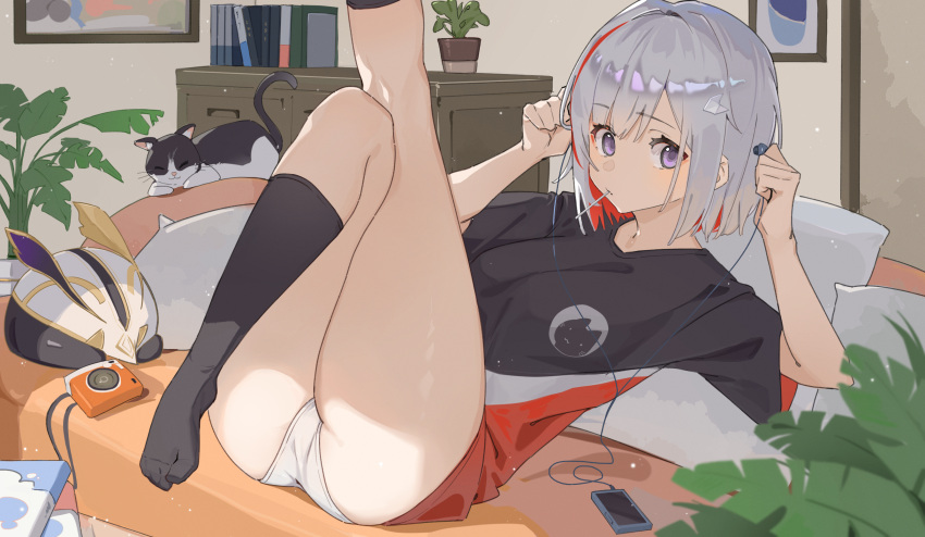 1girl alternate_costume ass black_shirt black_socks breasts cabinet camera cat couch digital_media_player earphones food_in_mouth foot_out_of_frame grey_hair highres holding holding_earphones honkai:_star_rail honkai_(series) indoors kneehighs knees_up looking_at_viewer lycsakd lying medium_breasts multicolored_hair numby_(honkai:_star_rail) on_back on_couch outstretched_leg panties pillow plant potted_plant purple_eyes reclining red_hair red_shirt shirt socks solo streaked_hair thighs topaz_(honkai:_star_rail) trotter_(honkai:_star_rail) underwear white_panties