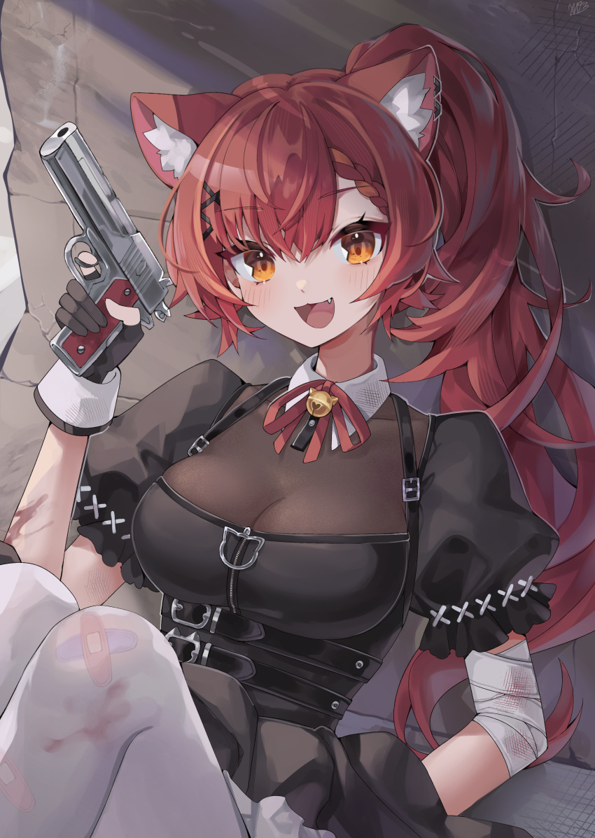 1girl :d absurdres animal_ear_fluff animal_ears bandaged_arm bandages bandaid bandaid_on_leg bell belt black_dress blood blood_on_clothes blush breasts broken_wall cat-shaped_lock cat_ears chest_belt cleavage dress frilled_dress frills gun hair_ornament handgun highres holding holding_weapon jingle_bell large_breasts long_hair looking_at_viewer multiple_belts neck_bell nekota_tsuna on_floor open_mouth orange_eyes puffy_short_sleeves puffy_sleeves red_hair red_ribbon ribbon short_sleeves smile solo thighhighs virtual_youtuber vspo! weapon white_thighhighs x_hair_ornament xivi9