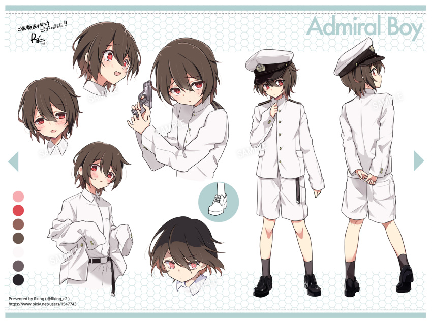 1boy admiral_(kancolle) brown_hair collared_shirt commission full_body gun handgun hat highres holding holding_gun holding_weapon kantai_collection little_boy_admiral_(kancolle) long_sleeves male_focus military military_uniform multiple_views open_mouth pixiv_id r-king red_eyes reference_sheet shirt shoes shorts simple_background skeb_commission sleeves_past_fingers sleeves_past_wrists socks standing sweat uniform weapon white_hat white_shirt white_shorts