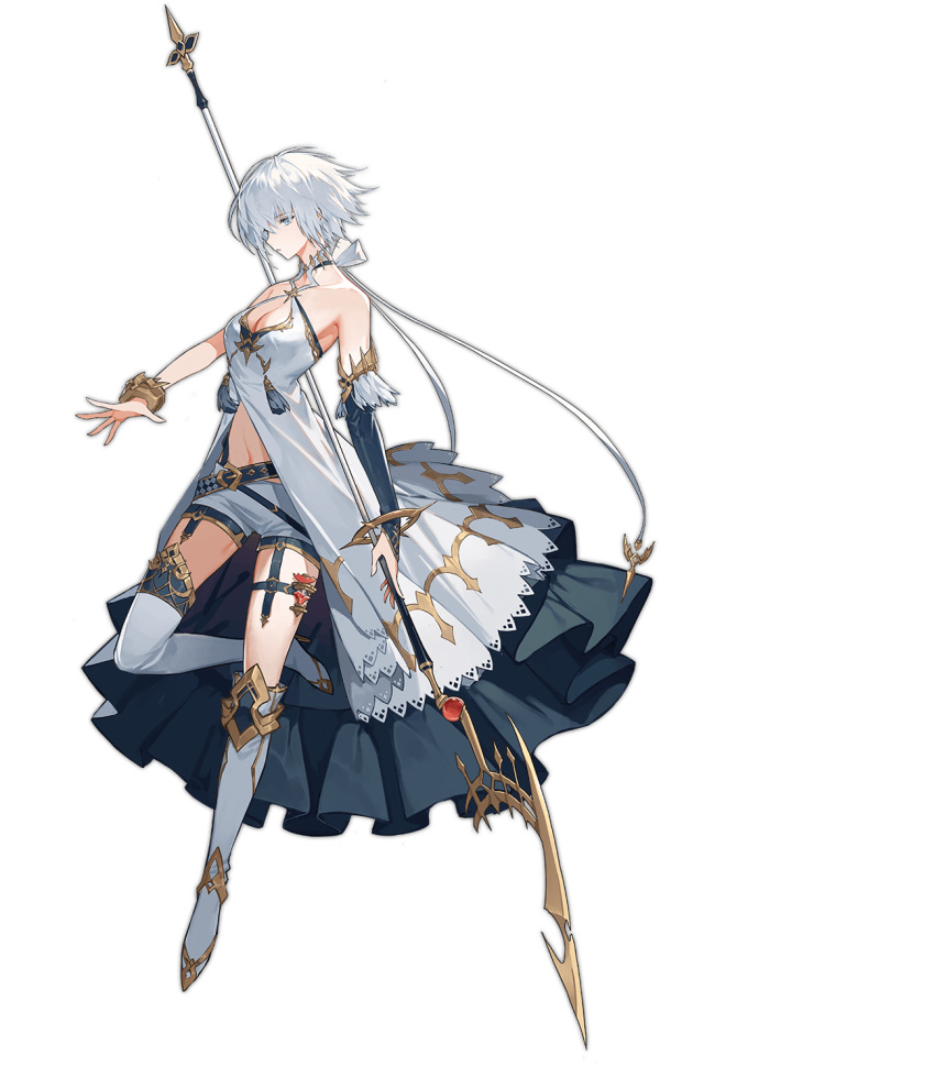 1girl ark_order asymmetrical_footwear bare_shoulders bean_sprouts_(6651003) black_gloves blue_eyes boots bow breasts bridal_gauntlets dress elbow_gloves expressionless full_body gloves gold_trim highres holding holding_sword holding_weapon knee_boots large_breasts looking_at_viewer lugh_(ark_order) mismatched_footwear official_art shorts sidelocks single_knee_boot single_thigh_boot sleeveless sleeveless_dress solo sword tachi-e thigh_boots thighhighs transparent_background weapon white_bow white_dress white_footwear white_hair white_shorts