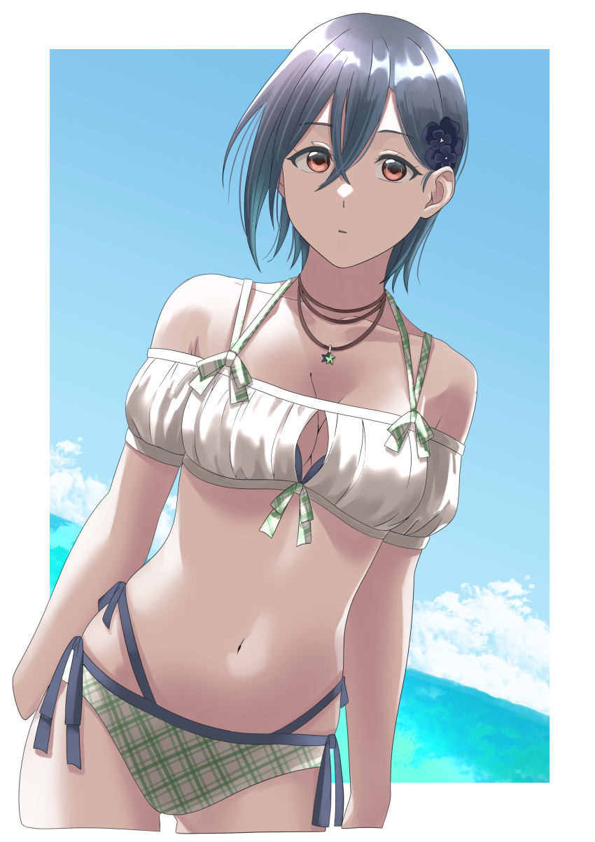 1girl absurdres bikini blue_hair blue_sky border breasts brown_eyes cleavage collarbone commentary_request crossed_bangs detached_sleeves flower hair_between_eyes hair_flower hair_ornament highres jewelry looking_at_viewer love_live! love_live!_superstar!! medium_breasts midriff navel necklace ocean outside_border parted_lips plaid plaid_bikini puffy_detached_sleeves puffy_sleeves s_sho_mkrn shirt short_hair single_sidelock sky solo swimsuit upper_body wakana_shiki white_border white_shirt white_sleeves