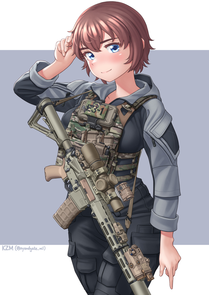 1girl absurdres ar-15 artist_name black_jacket black_pants blue_eyes blush brown_hair cargo_pants closed_mouth cowboy_shot grey_jacket gun gun_sling hand_in_own_hair harness highres jacket kzm_(sub-moa_works) load_bearing_vest long_sleeves looking_at_viewer magazine_(weapon) multicolored_clothes multicolored_jacket original pants red_hair rifle scope short_hair signature simple_background smile solo standing twitter_username two-tone_jacket weapon