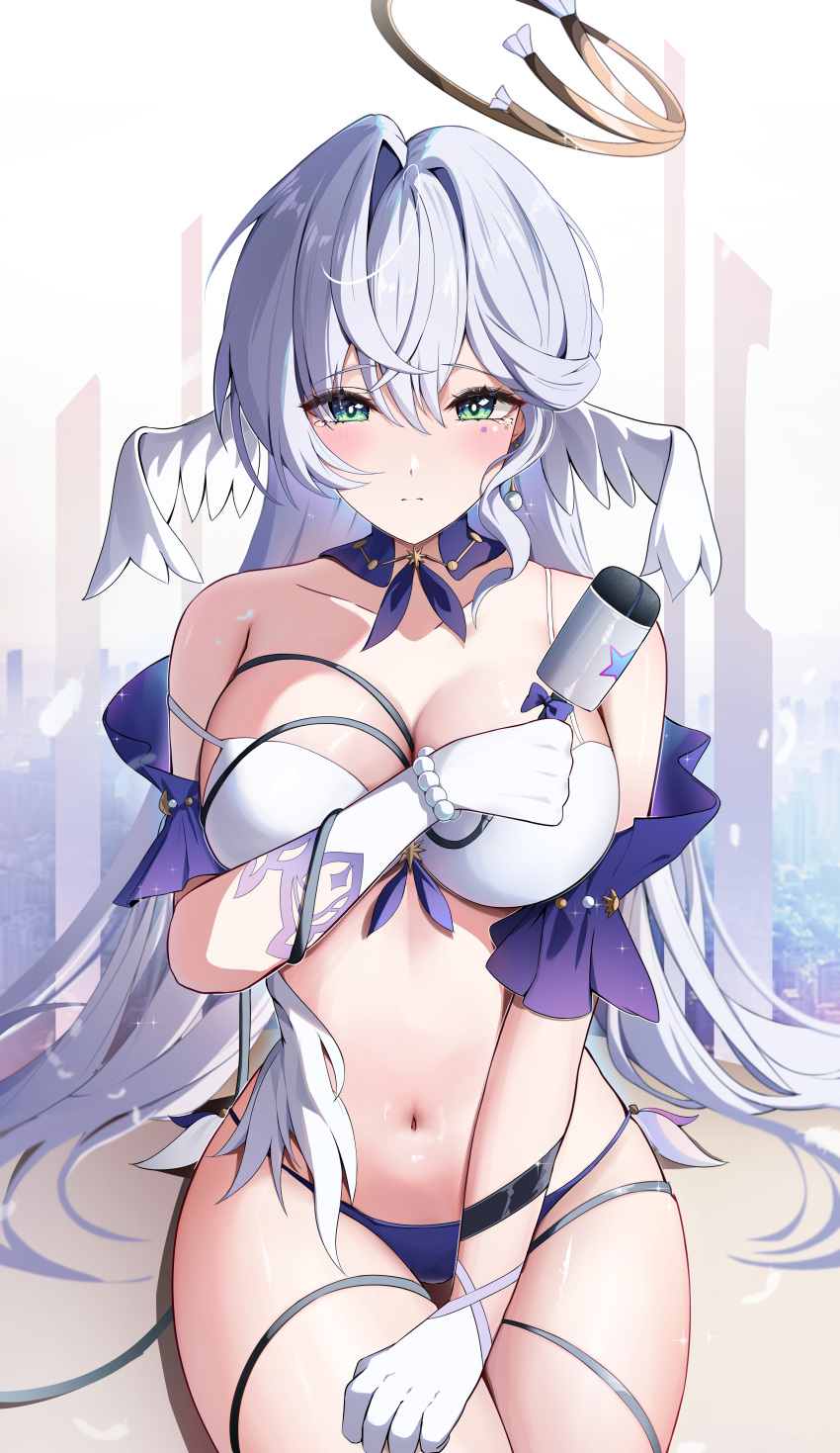 1girl absurdres bare_shoulders blue_panties blush bra commentary_request detached_sleeves gloves green_eyes grey_hair head_wings highres holding honkai:_star_rail honkai_(series) long_hair looking_at_viewer panties robin_(honkai:_star_rail) short_sleeves sitting solo thighs underwear very_long_hair white_bra white_gloves wings yeni1871