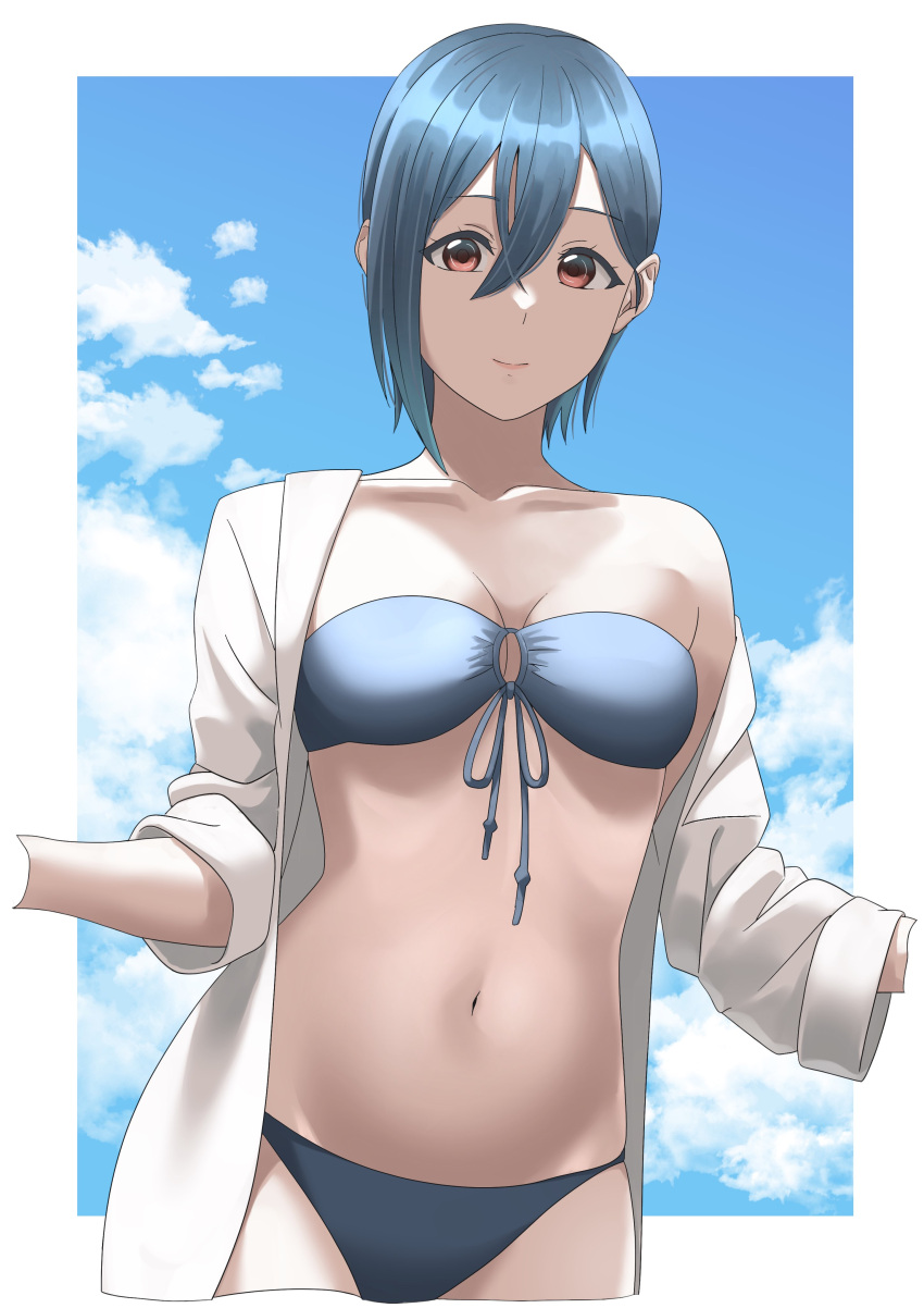 1girl absurdres bikini blue_bikini blue_hair blue_sky border breasts breasts_apart brown_eyes closed_mouth collarbone commentary_request crossed_bangs groin hair_between_eyes highres long_sleeves looking_at_viewer love_live! love_live!_superstar!! medium_breasts midriff navel open_clothes open_shirt outside_border s_sho_mkrn shirt short_hair single_bare_shoulder single_sidelock sky solo swimsuit upper_body wakana_shiki white_border white_shirt