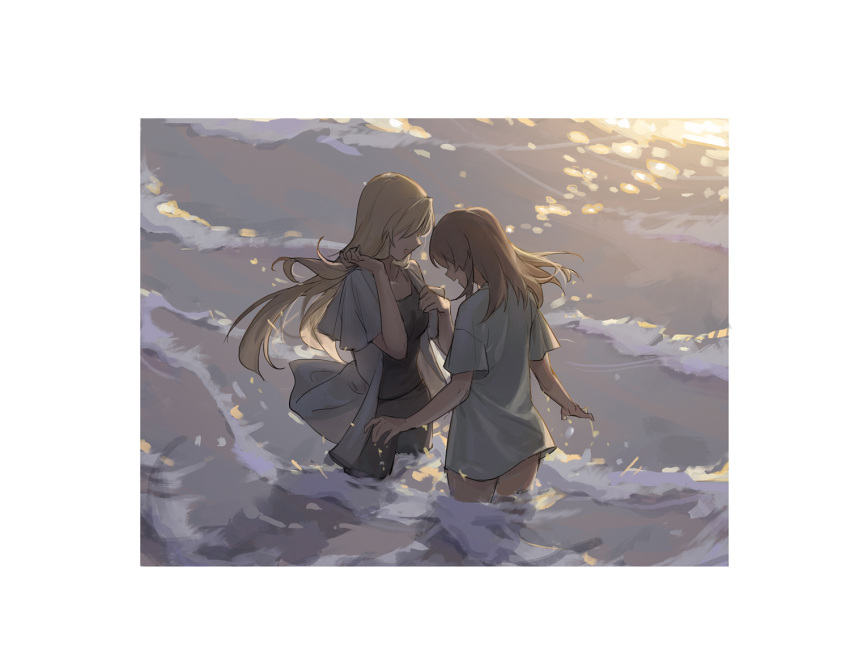 2girls black_shirt black_shorts blonde_hair border brown_hair commentary english_commentary kaleido_star layla_hamilton long_hair multiple_girls naegino_sora ocean open_mouth outdoors rekari_(rekari628) shirt short_sleeves shorts smile wading waves white_border white_shirt