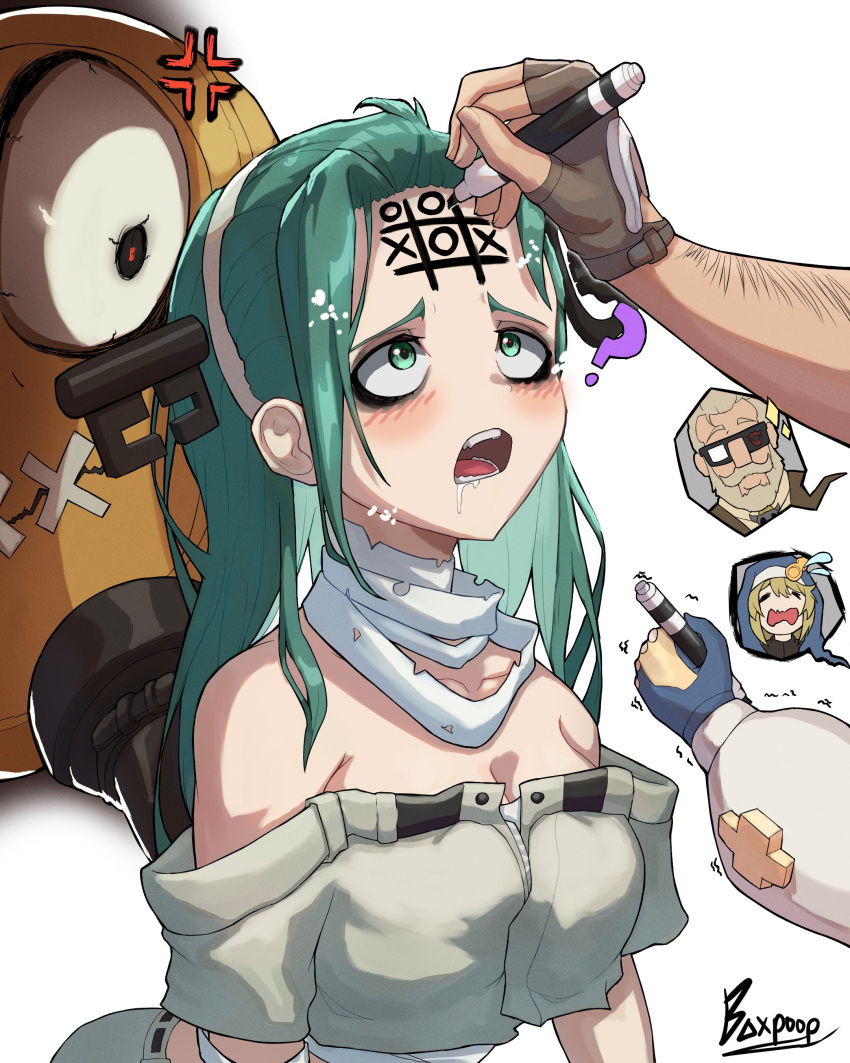 1girl 2boys ? a.b.a absurdres anger_vein bandaged_neck bandages bare_shoulders blush breasts bridget_(guilty_gear) cleavage commentary cropped_jacket drooling forehead forehead_writing goldlewis_dickinson green_eyes green_hair grey_jacket guilty_gear guilty_gear_strive hairband highres holding holding_marker jacket key_in_head long_hair marker multiple_boys object_through_head off-shoulder_jacket off_shoulder open_mouth paracelsus_(guilty_gear) poopman sparkle teeth tic-tac-toe trembling white_hairband