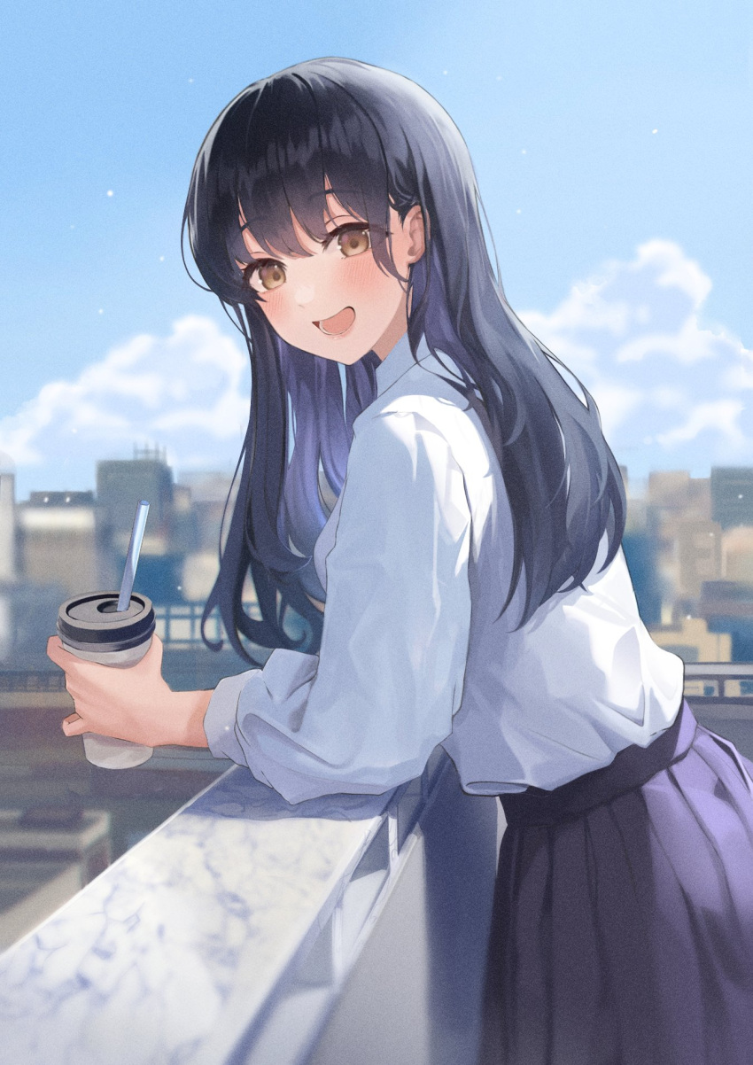 1girl arm_support blue_hair blue_skirt blush boku_no_kokoro_no_yabai_yatsu brown_eyes cup dark_blue_hair highres holding holding_cup long_hair open_mouth outdoors pleated_skirt revision rianya07 rooftop shirt skirt skyline solo white_shirt yamada_anna