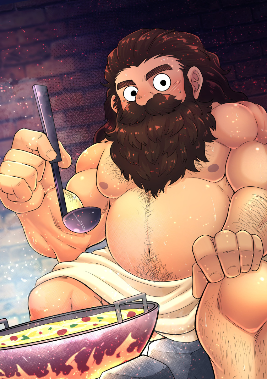 1boy absurdres bara beard brown_hair cooking dungeon dungeon_meshi dwarf facial_hair full_beard highres holding incoming_food long_beard looking_at_viewer male_focus mature_male muscular muscular_male navel navel_hair nipples senshi_(dungeon_meshi) sitting solo stomach sweat thick_beard thick_eyebrows thick_mustache tofuboyz topless_male towel_around_waist wok