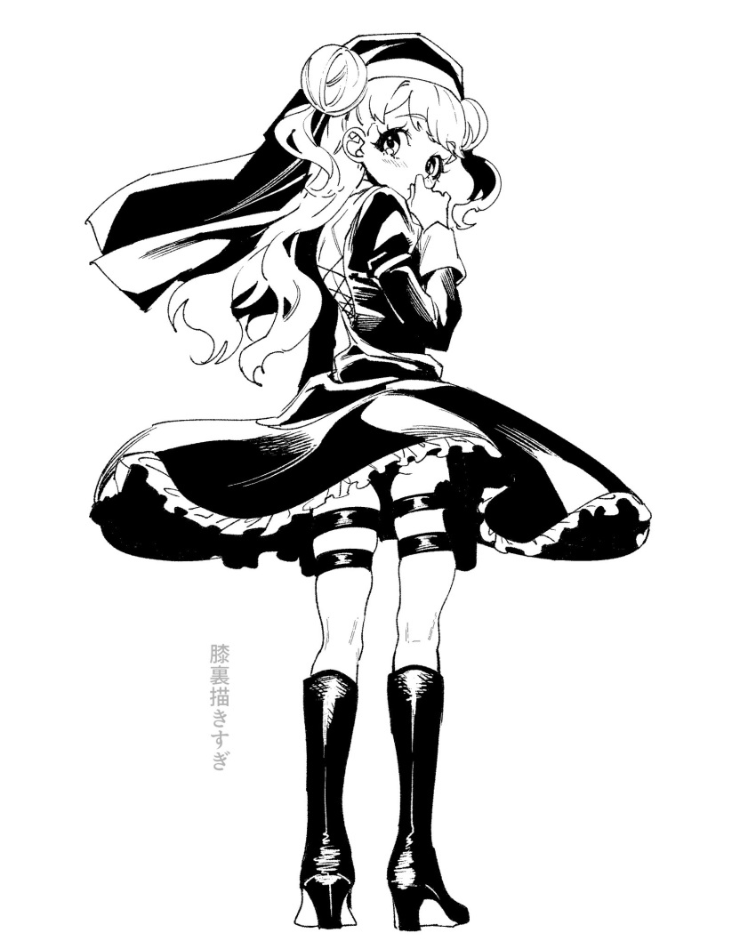 1girl anchiki_shou archived_source back_cutout bad_id bad_twitter_id boots clothing_cutout covering_own_mouth double_bun dress frilled_dress frills from_behind full_body greyscale hair_bun hand_over_own_mouth hand_up high_heel_boots high_heels highres holster image_sample juliet_sleeves kanamori_maria kiratto_pri_chan knee_boots long_hair long_sleeves looking_at_viewer looking_back monochrome nun pretty_series puffy_sleeves simple_background solo standing thigh_holster twitter_sample two_side_up white_background