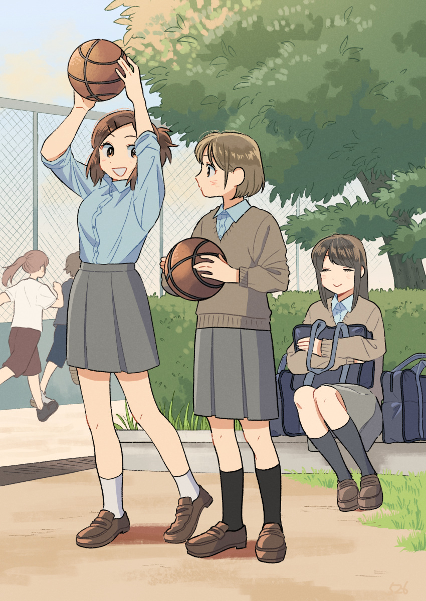 :&gt; ^_^ absurdres arms_up bag ball basketball_(object) black_socks blue_shirt blush brown_cardigan brown_eyes brown_hair bush cardigan chain-link_fence closed_eyes closed_mouth collared_shirt commentary day fence grass hair_ornament hairclip hands_up highres holding holding_bag holding_ball kojiro337 light_brown_hair long_hair looking_at_viewer mary_janes multiple_girls open_mouth original outdoors parted_lips pleated_skirt ponytail red_shorts school_uniform shirt shoes short_hair shorts sidelocks sitting skirt smile socks standing t-shirt teeth tree white_socks