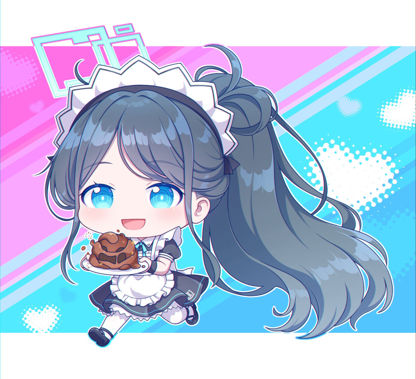 1girl absurdly_long_hair apron aris_(blue_archive) aris_(maid)_(blue_archive) black_dress black_footwear black_hair blue_archive blue_eyes blush cake chocolate dress food frilled_apron frills full_body heart highres holding holding_plate kaoling long_hair maid maid_apron maid_headdress official_alternate_costume official_alternate_hairstyle open_mouth pantyhose plate ponytail puffy_short_sleeves puffy_sleeves ringed_eyes shoes short_sleeves smile solo very_long_hair white_apron white_pantyhose