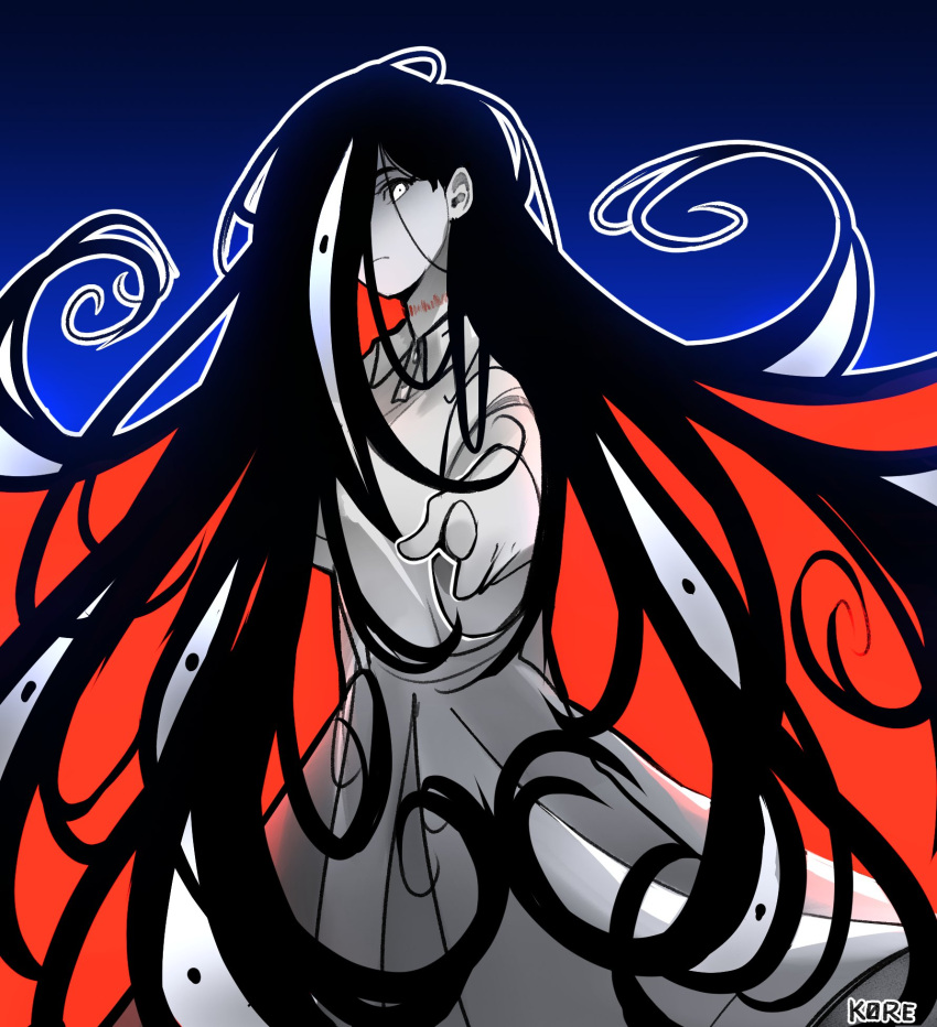 1girl arm_behind_back artist_name black_hair blue_background buttons closed_mouth collared_dress colored_inner_hair colored_skin dress foreshortening frown gradient_background hair_behind_ear hair_over_one_eye highres k0re_drawings long_hair looking_down mari_(faraway)_(omori) mari_(omori) multicolored_hair official_alternate_eye_color omori outline pointing pointing_at_viewer red_hair short_sleeves solo something_(omori) spoilers upper_body very_long_hair white_dress white_eyes white_outline white_skin