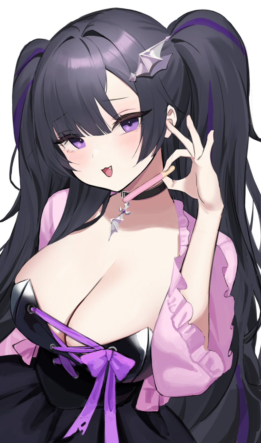 1girl 2er0_zo absurdres black_choker black_hair black_skirt bodice breasts choker cleavage cross-laced_clothes fang highres holding large_breasts long_hair moon_momo multicolored_hair open_mouth purple_eyes purple_hair purple_ribbon ribbon second-party_source skirt solo streaked_hair twintails virtual_youtuber vlyz wing_hair_ornament